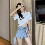 Women Jean Shorts Summer Hollow Out Stretchy Wide-Leg Fashion Temperament Bandage Denim Shorts