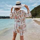 Coachella Music Festival Outfits Cartoon Pattern Shirt Loose Long Sleeve Bikini Blouse Vacation Swimsuit Sun Protection Cardigan Women