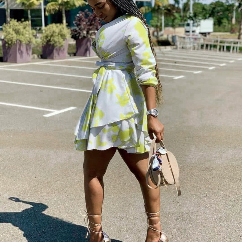 African Dashiki Dress V-neck Printed Waist-Controlled Dress