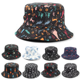 Bucket Hat Fishing Cap Cotton Print Fisherman Hat Black Double-Sided Cartoon Animal Art