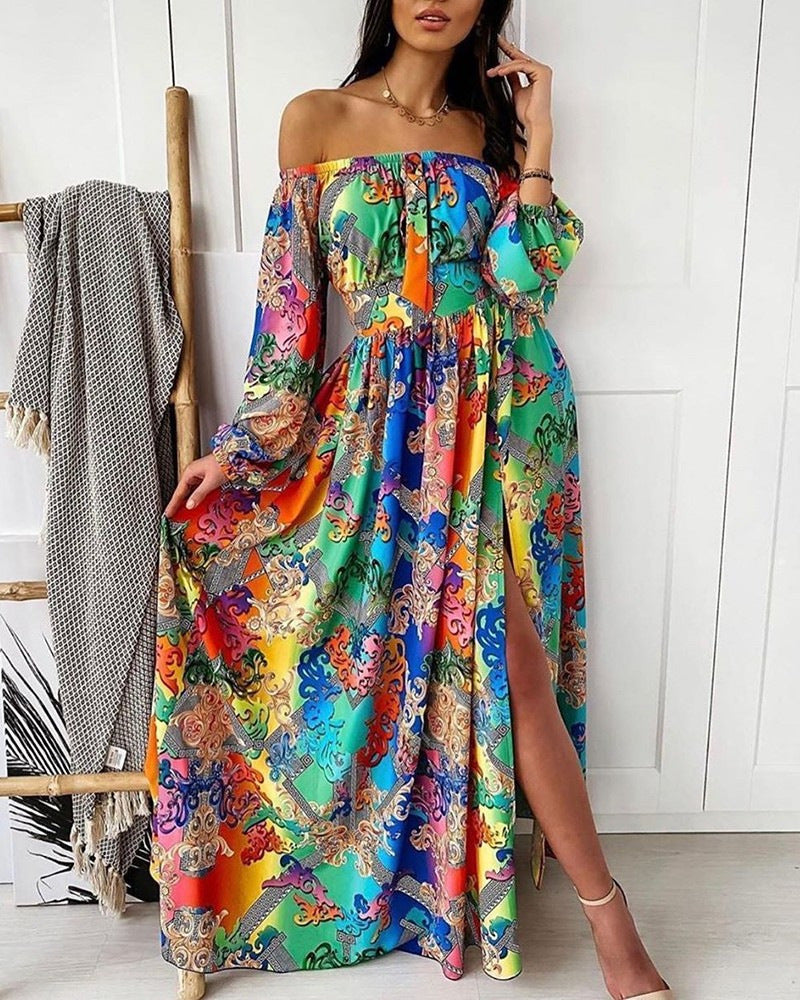 Long Homecoming Dresses Printed Dress V-neck Pullover Vintage Long Sleeve Big Hem