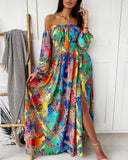 Long Homecoming Dresses Printed Dress V-neck Pullover Vintage Long Sleeve Big Hem