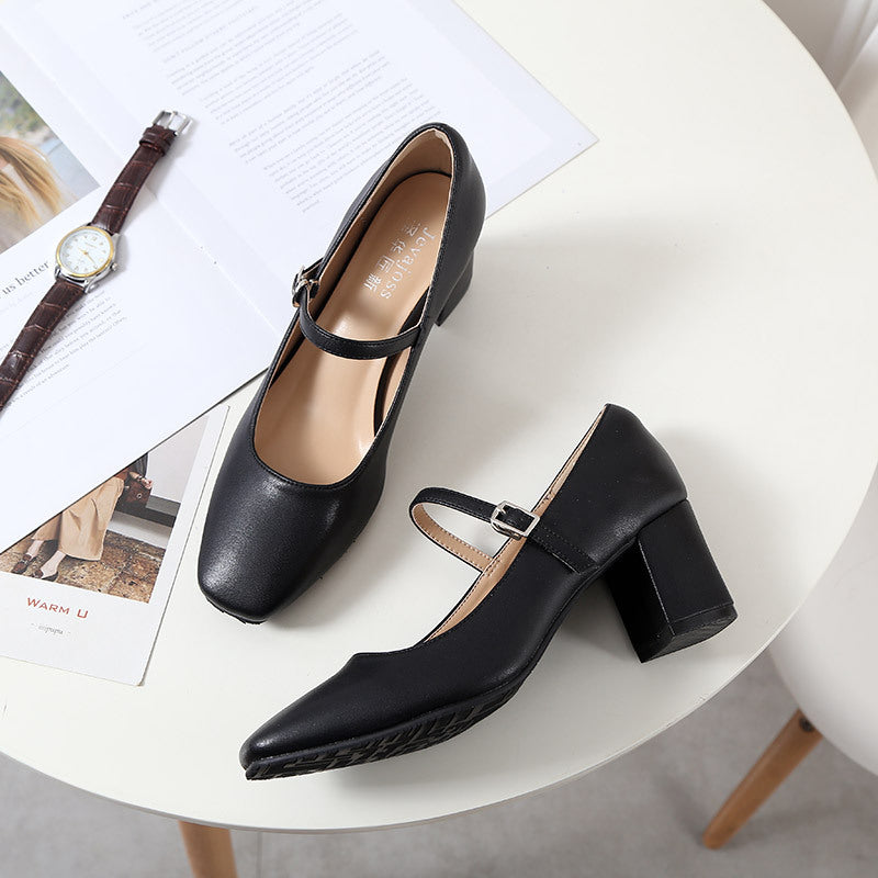 Nude Block Heels Mary Jane Shoes Autumn and Winter Square Head Female Chunky Heel High Heel