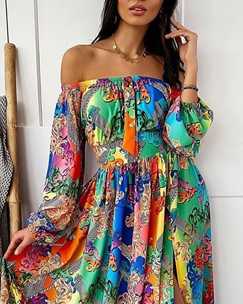 Long Homecoming Dresses Printed Dress V-neck Pullover Vintage Long Sleeve Big Hem