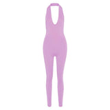 Women's Spring Clothing Sexy Backless Halter Sleeveless V-neck Hip Lifting Sport Jumpsuit
