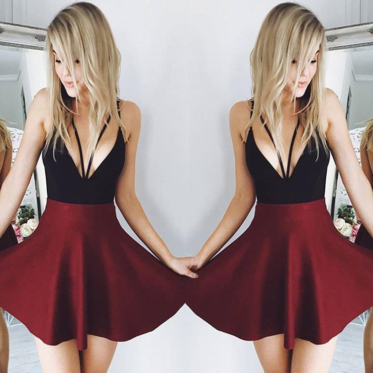 Homecoming Dresses Fall Sexy Low-Cut Sling Formal Swing Dress Contrasting-Color Dress