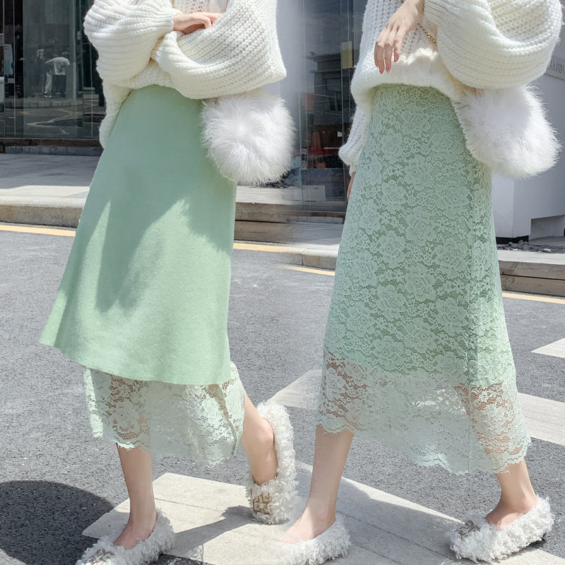 MIDI Mauve Skirt Autumn and Winter Lace Knitted Skirt Women's Mid-Length Versatile