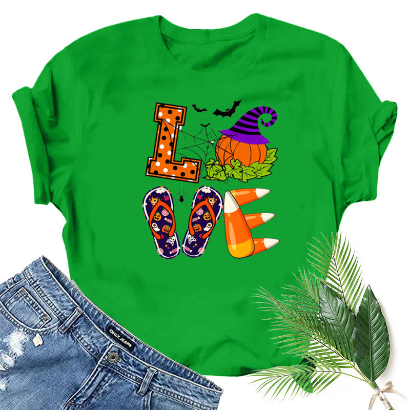 Halloween Costumes Love Pumpkin Fun Pattern Printed Short Sleeve T-shirt