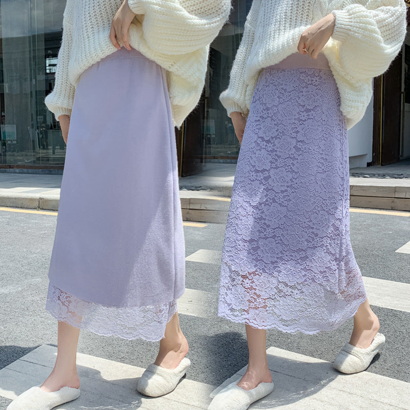 MIDI Mauve Skirt Autumn and Winter Lace Knitted Skirt Women's Mid-Length Versatile