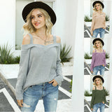 Women Pullover Knit Sweater Autumn Sexy Off-the-Shoulder Strap Sweater Solid Color Casual Long Sleeves Sweater
