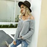 Women Pullover Knit Sweater Autumn Sexy Off-the-Shoulder Strap Sweater Solid Color Casual Long Sleeves Sweater