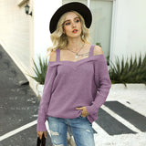 Women Pullover Knit Sweater Autumn Sexy Off-the-Shoulder Strap Sweater Solid Color Casual Long Sleeves Sweater