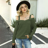 Women Pullover Knit Sweater Autumn Sexy Off-the-Shoulder Strap Sweater Solid Color Casual Long Sleeves Sweater