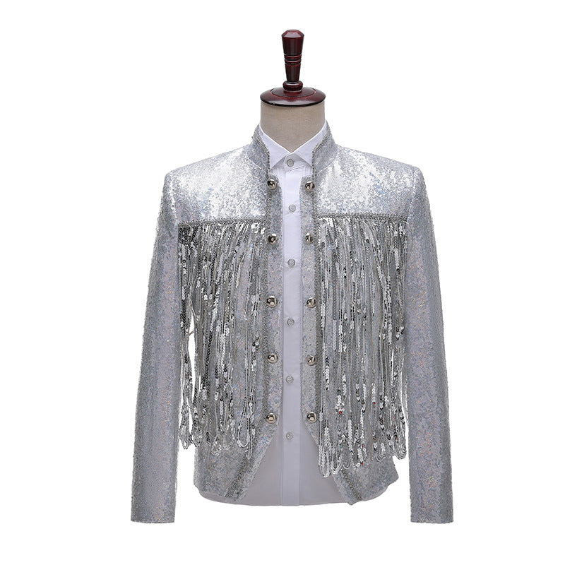 Men Prom Outfits Sequined Tassel Coat