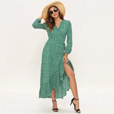 Kendall Jenner Wedding Guest Dress Bohemian Sexy V-neck Split Floral Print Long Sleeve Ruffle