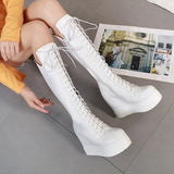 Platform Heels for Women Winter Height Increasing Insole Platform Leather Boots Female Boots Middle Boots