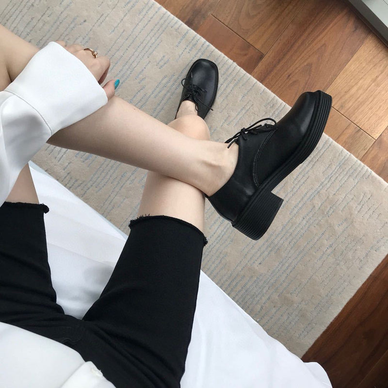 Platform Heels for Women Black Platform Retro Slip-on Shoes