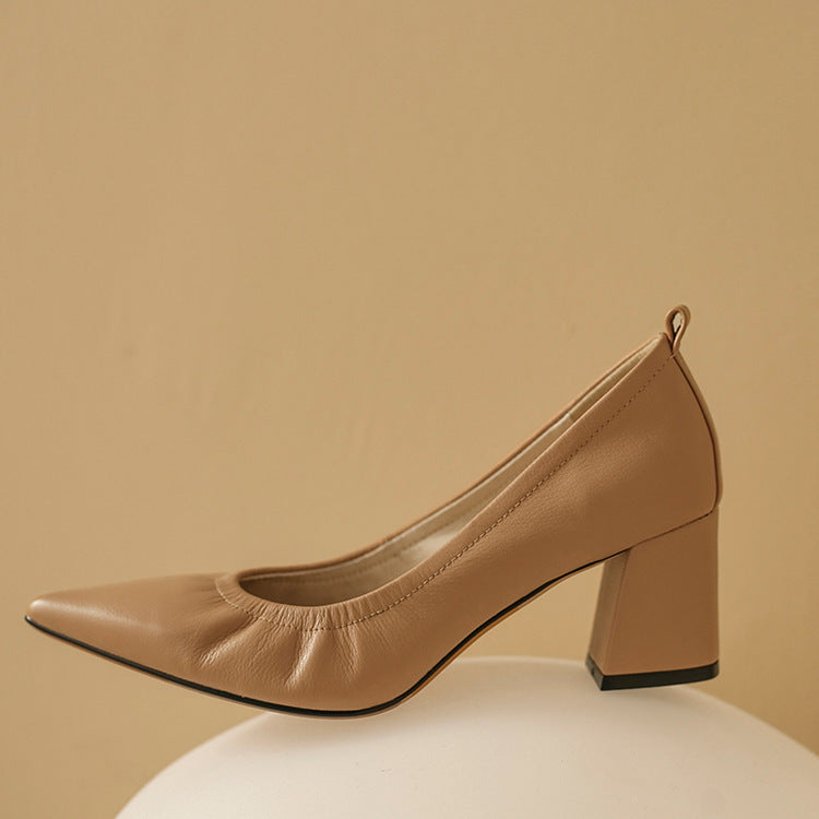 Nude Block Heels Soft Leather Chunky Heel High Heels Pointed Toe Pumps Leather Shoes