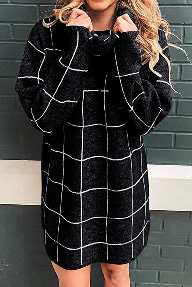Women Pullover Knit Sweater Plaid Knitted Dress Autumn and Winter Leisure Knitwear Checkerboard Plaid Sweater