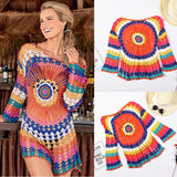 Coachella Music Festival Outfits Knitted Hollow Loose Long Sleeve Swimsuit Blouse