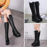 Platform Heels for Women Winter Height Increasing Insole Platform Leather Boots Female Boots Middle Boots