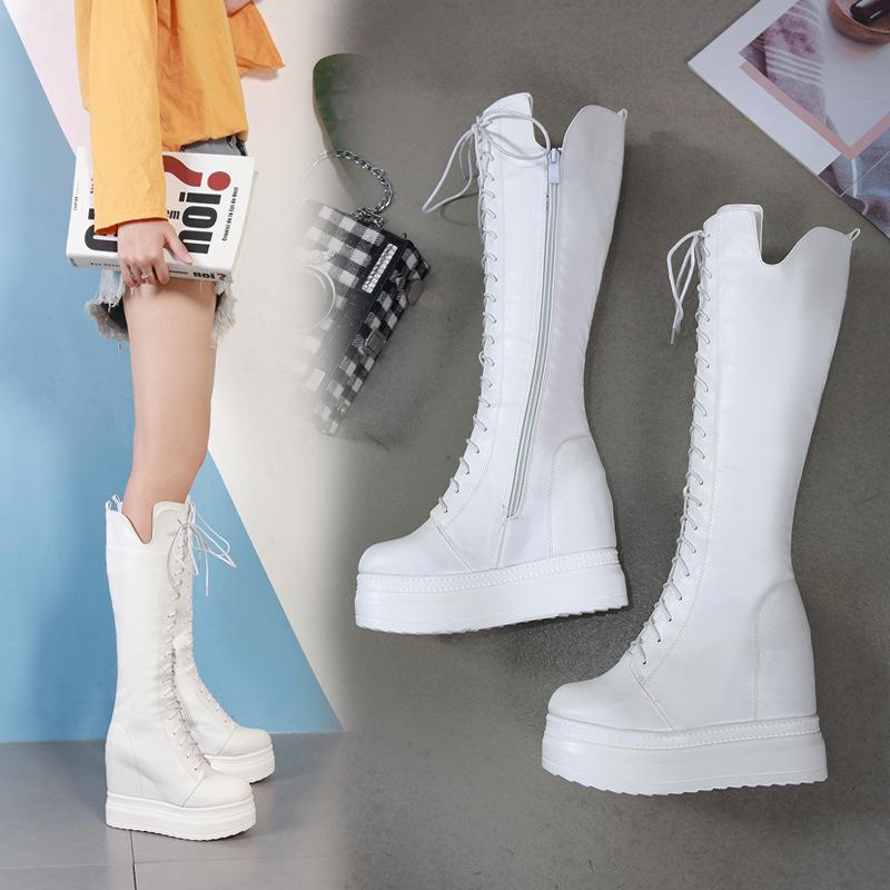 Platform Heels for Women Winter Height Increasing Insole Platform Leather Boots Female Boots Middle Boots