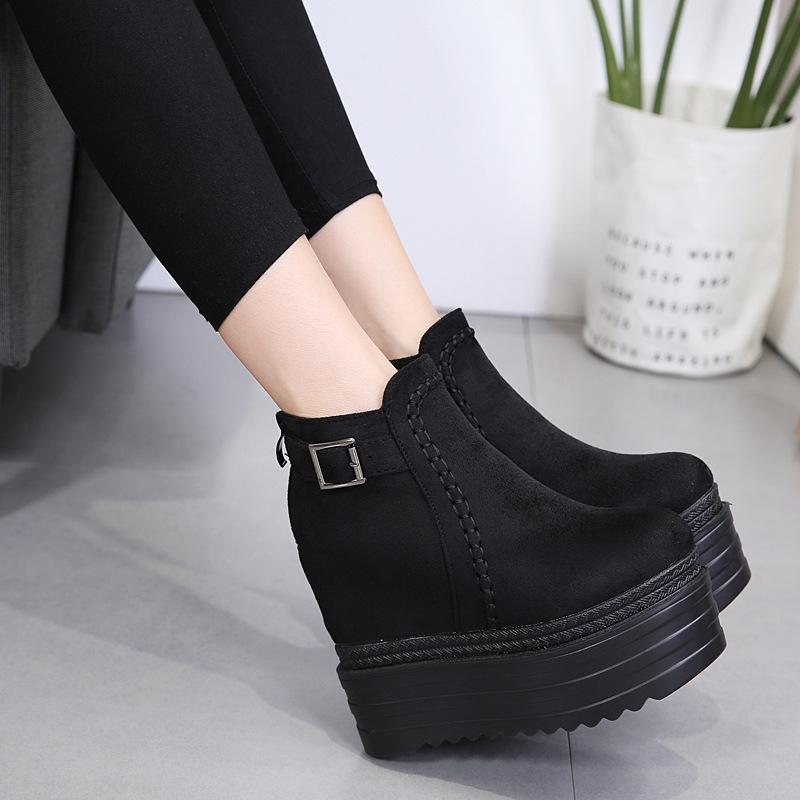 Platform Heels for Women Autumn Belt Buckle Suede round Toe Booties Platform Height Increasing Insole High Heel Women Boots