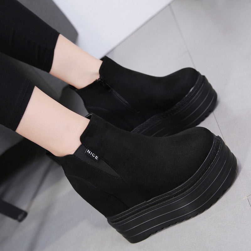 Platform Heels for Women All-Matching round Toe High Heel Autumn Simple Platform Height Increasing Insole Female Boots