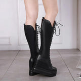 Platform Heels for Women Winter Height Increasing Insole Platform Leather Boots Female Boots Middle Boots