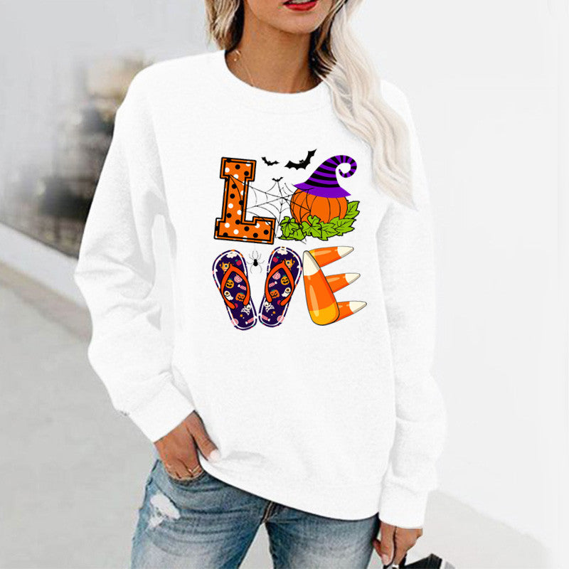 Halloween Costumes Pattern Printed Long Sleeve Capless round Neck Sweater