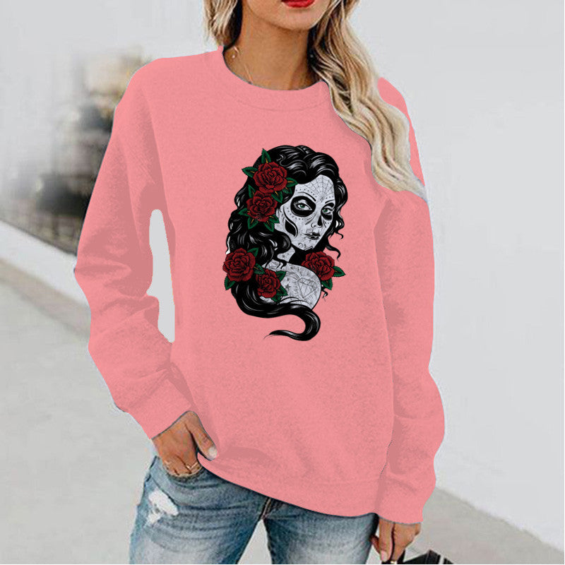 Halloween Costumes Halloween Horror Girl Pattern Printed Long Sleeve Capless round Neck Sweater for Women