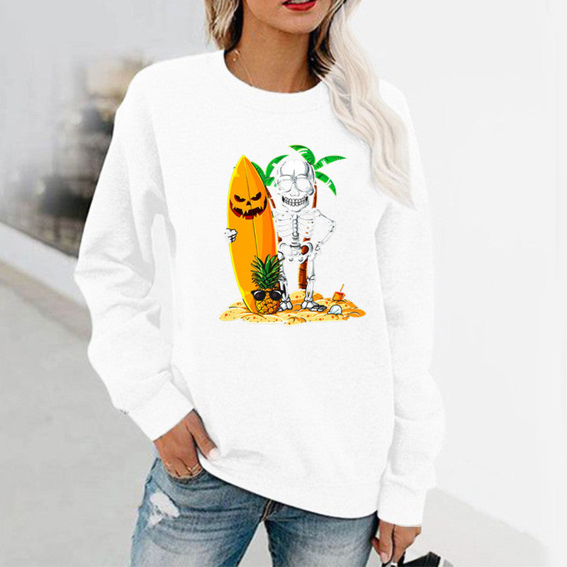 Halloween Costumes Pattern Printed Long Sleeve Capless round Neck Sweater