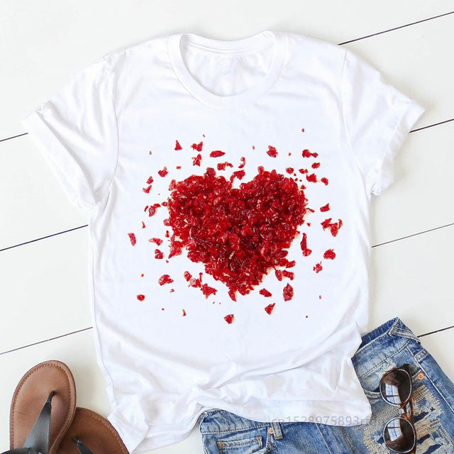 Valentine's Day T Shirts Couples Women's Summer Flower Print Large Size Bottoming Shirt