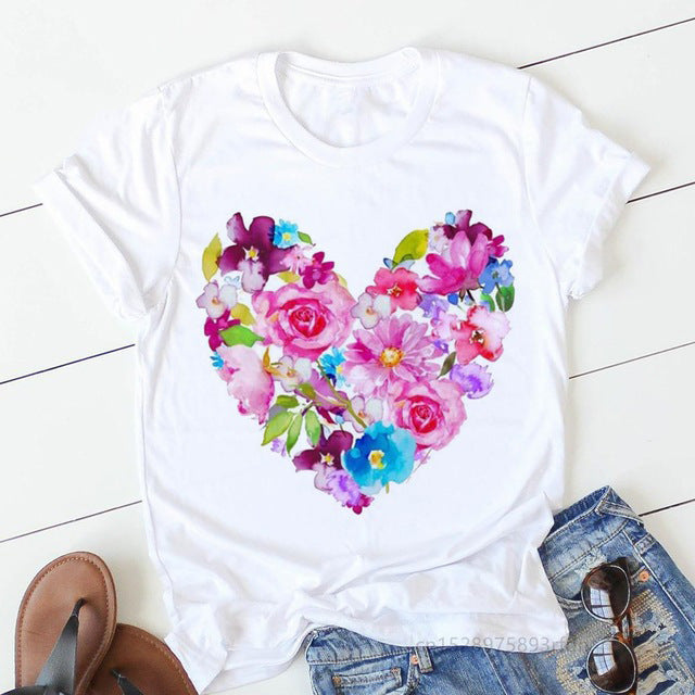 Valentine's Day T Shirts Couples Women's Summer Flower Print Large Size Bottoming Shirt