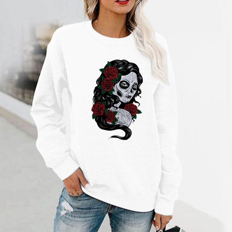 Halloween Costumes Halloween Horror Girl Pattern Printed Long Sleeve Capless round Neck Sweater for Women