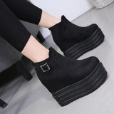 Platform Heels for Women Autumn Belt Buckle Suede round Toe Booties Platform Height Increasing Insole High Heel Women Boots