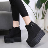 Platform Heels for Women Autumn Belt Buckle Suede round Toe Booties Platform Height Increasing Insole High Heel Women Boots