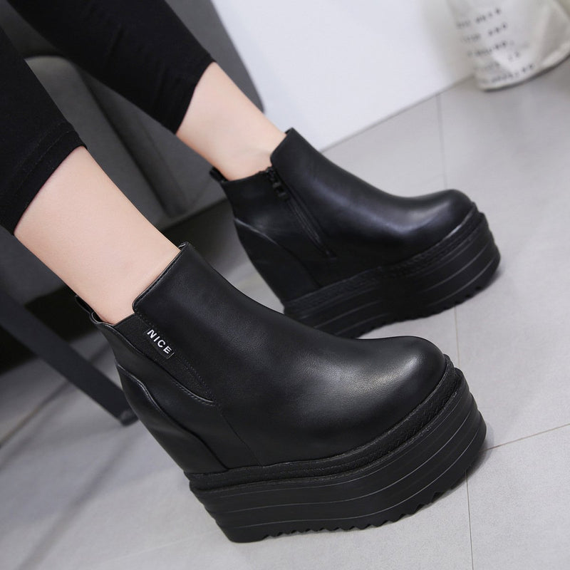 Platform Heels for Women All-Matching round Toe High Heel Autumn Simple Platform Height Increasing Insole Female Boots
