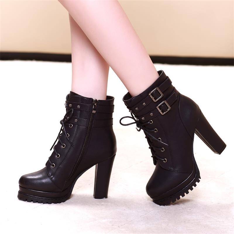 Platform Heels for Women Booties Women Chunky Heel Platform Lace-up Martin Boots Fashion Short Boots