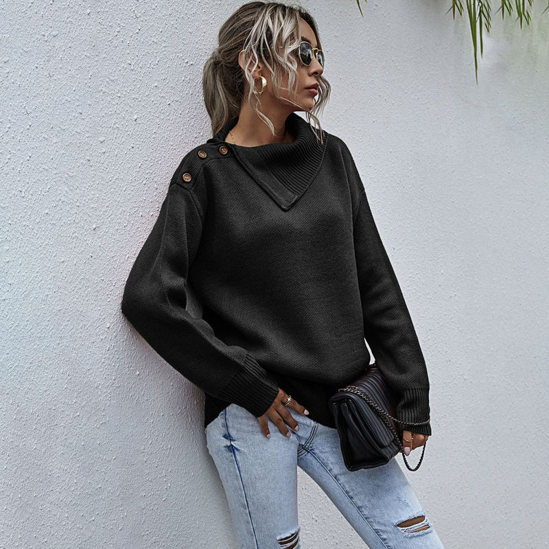 Women Pullover Knit Sweater Side Lapel Pullover Autumn and Winter Leisure Shoulder Button Sweater