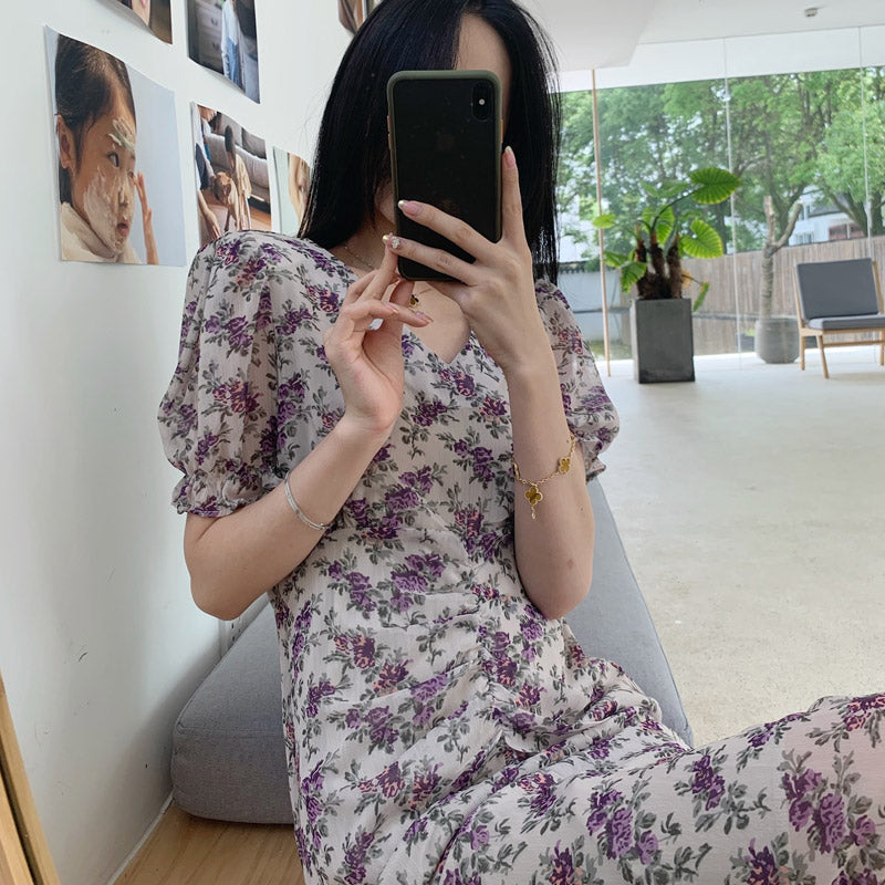MIDI Mauve Wrap Dress Women's Tight Waist Purple Printed Long Dress