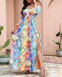 Long Homecoming Dresses Printed V-neck Pullover Retro Long Sleeve Big Hem Split Dress