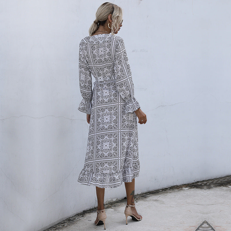 Coachella Music Festival Outfits Ruffled Dress Long Sleeve V-neck Ethnic Style