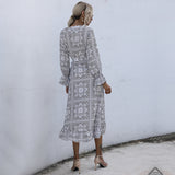 Coachella Music Festival Outfits Ruffled Dress Long Sleeve V-neck Ethnic Style