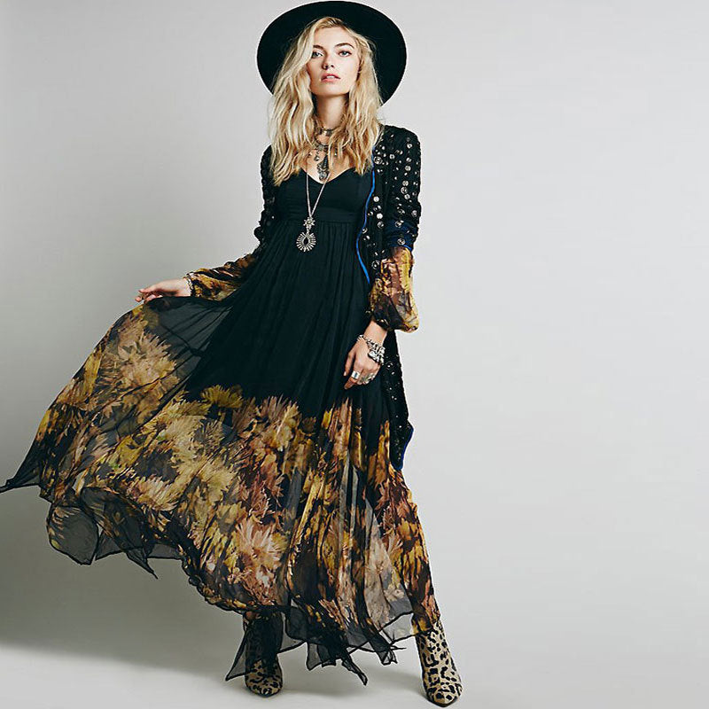 Coachella Music Festival Outfits Spring V-neck Pleated Chiffon Printed Dress