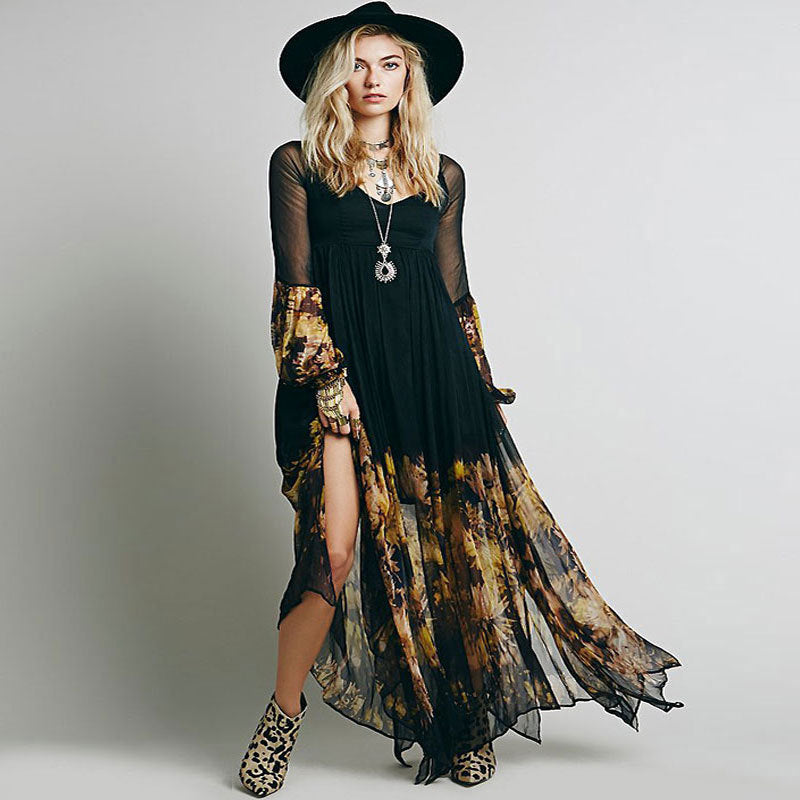 Coachella Music Festival Outfits Spring V-neck Pleated Chiffon Printed Dress