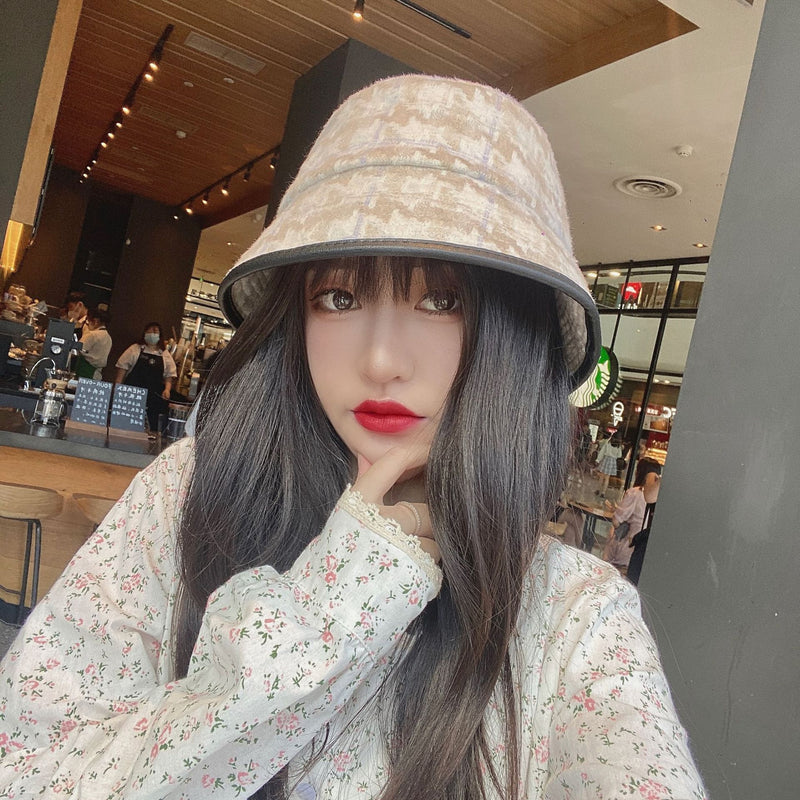 Vintage Check Bucket Hat Woolen Plaid Big Brim Bucket Hat