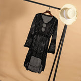 Coachella Music Festival Outfits Hollow out Knitted Dress Flare Sleeve Beach Jacket Sexy