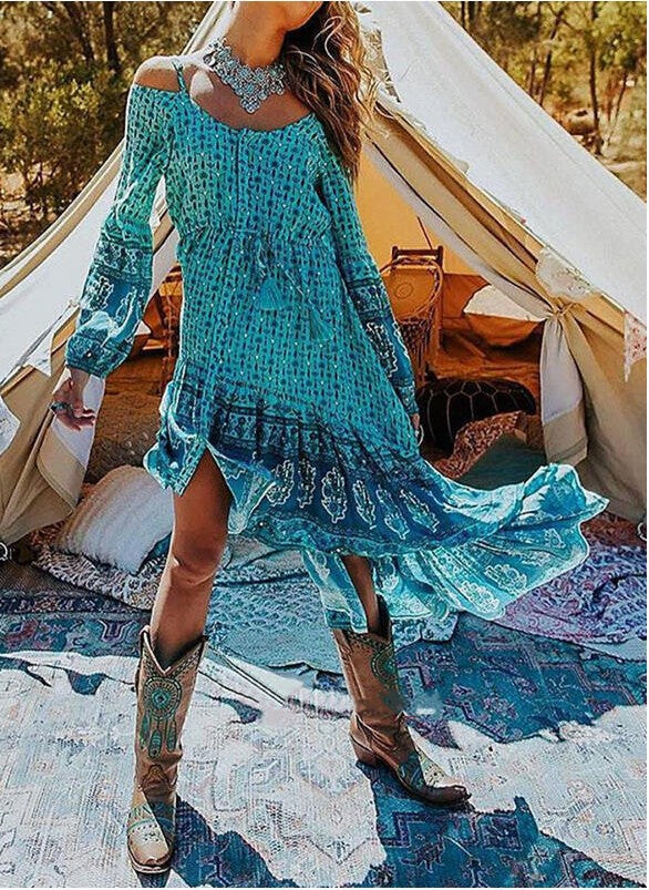 Gypsy Girl Outfits Printed Off-the-Shoulder Strap Irregular Swing Dress