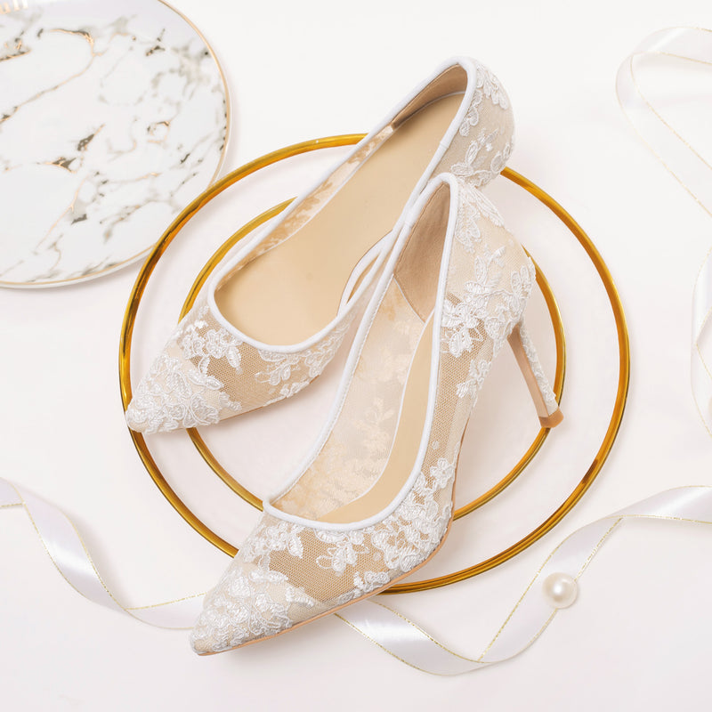 Nude Heels for Wedding White Mesh Lace High Heels Women's Stiletto Heel  Female Bride Main Wedding Shoes